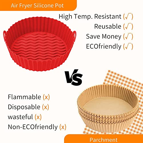 2 Pcs Air Fryer Silicone Liners Pot For 4 To 7 Qt - 8 Inch Reusable Air Fryer Liners With 1 Pack Of Black Silicone Mitt - Replacement Of Flammable Parchment Liner Paper (Black & Red) #TOP2
