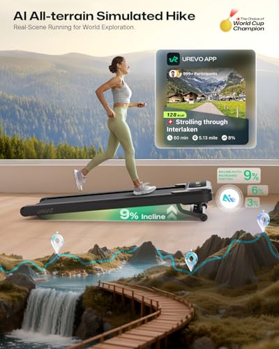Image of Smart Treadmill with 9% Auto Incline, Hiking and Running Walking Pad Treadmills for Home Office, Treadmill with UREVO APP, AI Powered Music Course, HIIT Programs Synced to Scenic Route, One-Click Mute