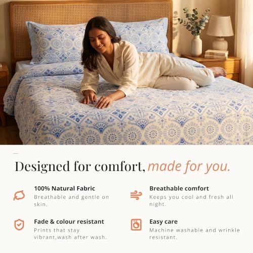 Image of Naksh Queen Size Bed Sheet Blue Geometric Print 2 Pillow Covers | Modern Blue Geometric Print with Symmetrical Pattern | Bed Sheet Double Bed | Royal Sajawat Collection |