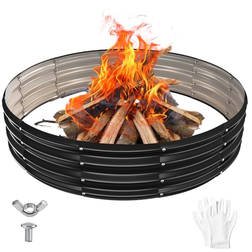 YSEJOMP 60 Inch Round Galvanized Fire Pit Ring/Fire Ring - Foldable and Perfect for Outdoor Gatherings and Campfires in The Yard/Garden/Park/Beach (Black+Gray, 5 FT Diameter+1 FT Tall)