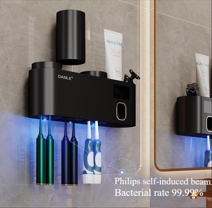 Desinfectante inteligente UV para cepillos de dientes y portavasos, esterilizador UV-C inalámbrico con tecnología de detección automática, soporte de pared impermeable y sin taladro, duración de la