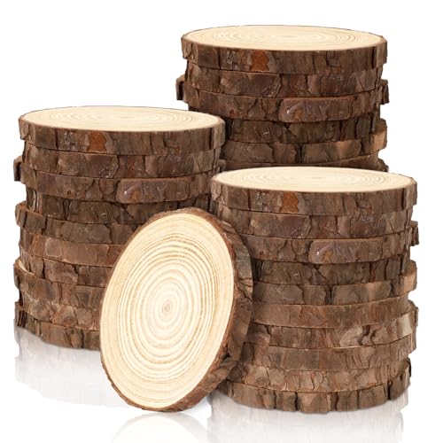 FSWCCK 30 Pack Nature Unfinished Wood Slices 3.5-4 Inches Round Wooden Circle with Tree Bark Rustic Wood Centerpieces for Weddings Table Decor and DIY Painting Crafts