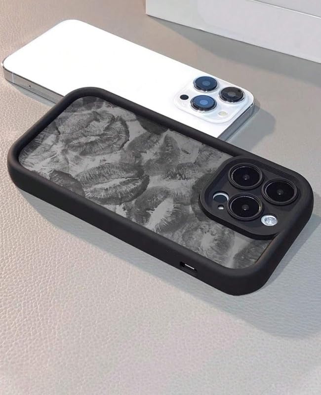 Image of COVERLY Lips Back Case Cover Compatible for iPhone 12 Pro | Hot 3D Sexy Lips Retro Embossed | 360 Camera Protection | Lipstick Kiss Cute Soft Touch Liquid Silicone Phone Case Cover (TPU | Black)