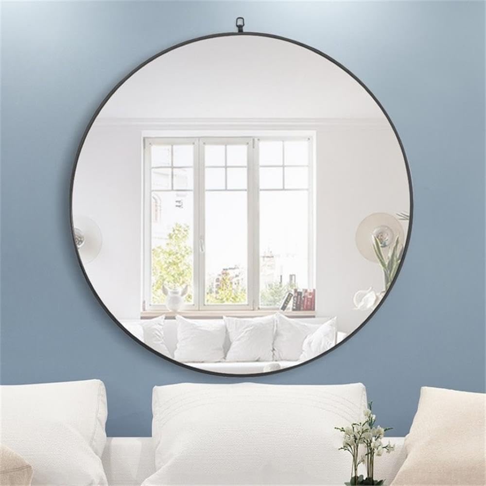 Pemberly Row 48" Round Metal Frame Mirror, Black Finish, Glass and Wood Construction, Contemporary Minimalist Design, Decorative Top Hook, Living Room, Office, Bedroom, Entryway, or Bathroom Decor