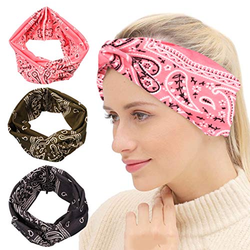 MLGDA 3 Pack Boho Headbands Hairband Retro Paisley Fashion Headwraps Criss Cross Headband Hairbands Elastic Thick Bandana Headwear Yoga Hairband Hair Accessories for Women