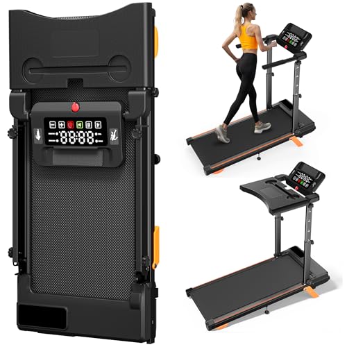 12% Incline Multifunctional Walking Pad with Height-Adjustable Handle Bar and Built-in Removable Desk 8.0MPH/3.5HP Small Treadmill 350LBS Weight Capacity Compact Treadmills (Black Orange)