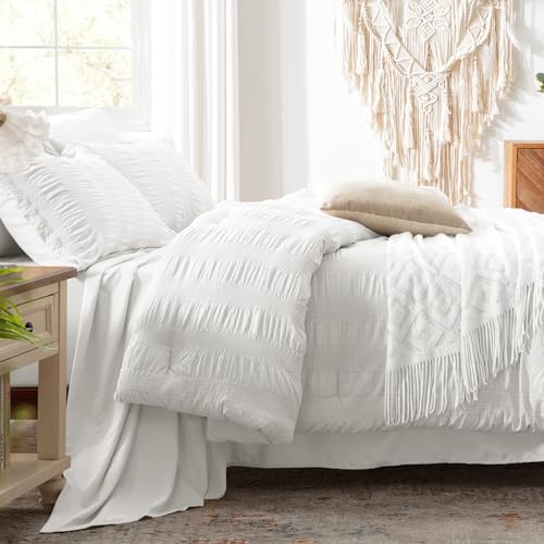 Image of Zzlpp Full Comforter Set 7 Pieces, White Seersucker Bed in a Bag with Comforter and 2 Sheets, All Season Bedding Sets with 1 Comforter, 2 Pillow Shams, 2 Pillowcases