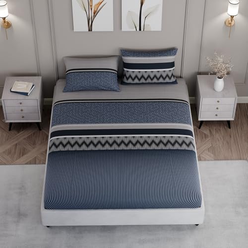 Image of BLISSHOME SoftTouch 150TC Cotton King Size Fitted Bedsheet with 2 Pillow Covers, Silky Smooth Bedding Set, Breathable, Easy Maintain, Geometric Pattern - Navy (183cm x 198cm + 25cm Drop)