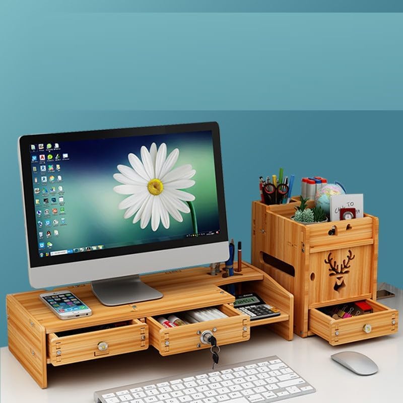 Image of VBM Monitor Riser Stand Bamboo Computer Laptop, Printer, PC with Storage Slot Adjustable Desktop Stand For Home , Office (Monitor Stand (Lock) 7 Box Deer)