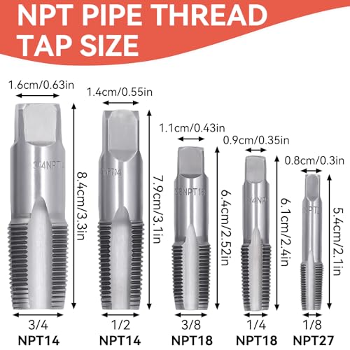5 Stück NPT Rohrgewindebohrer Set, Gewindeschneider aus Stahl mit Aufbewahrungsbox 1/8, 1/4, 3/8, 1/2, 3/4 Zoll Kohlenstoffstahl Handgewindebohrer Set für Wasserrohrverbindungen, Autoreparatur