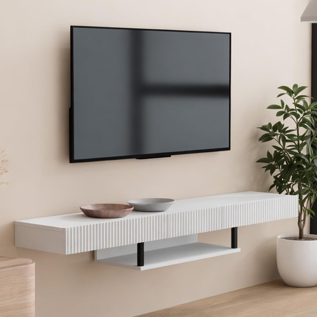 MB Muebles Bonitos | Mobile TV sospeso 150 cm colore bianco Renzo | Per soggiorno e sala da pranzo moderni | 1 cassetto | Struttura in melamina opaca 150x40x22 cm