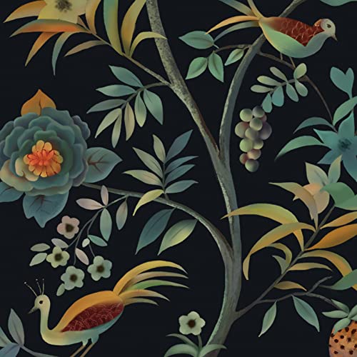 Toduso Peel and Stick Wallpaper Vintage Floral Wallpaper Black Flower Bird Tree Contact Paper Self Adhesive Removable Wallpaper Retro Wall Decorative Vinyl Roll 16.1''x118''