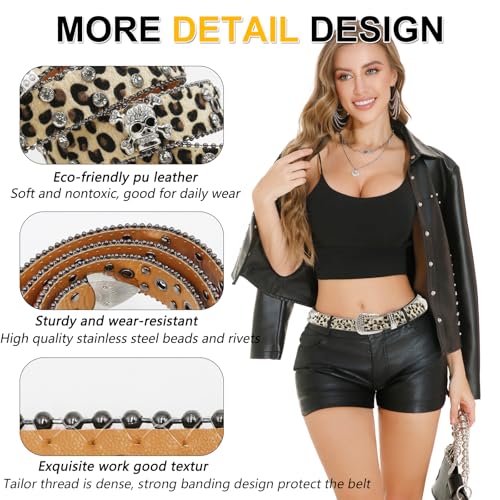Rhinestone Skull Belt Men Women Skull Leopard Belt Punk Studded Skulls Belts Western Cowgirl BB Belts Y2k4