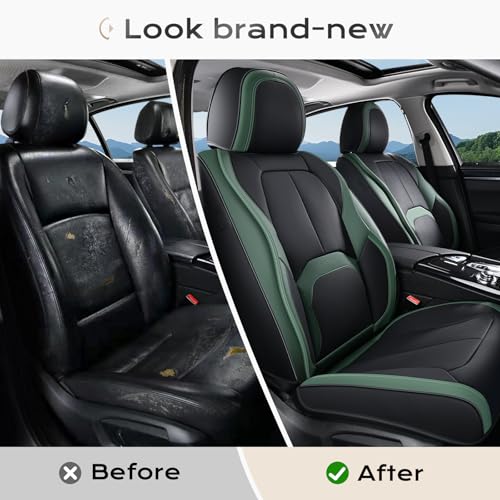 Image of Coverado Automotive Seat Covers Front Seats, Leather Seat Covers 2 Pack, Black Green Car Seat Cover, Waterproof Car Seat Protector with Lumbar Support, Front Seat Covers Universal Fit for Most Cars