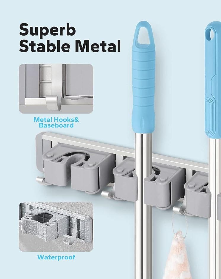 Image of STAR WORK Heavy-Duty Space Aluminum Wall Mop & Broom Holder, Waterproof Organizer with Dual Non-Slip Grips and Utility Hooks, No-Drill Adhesive Mount for Kitchen, Bathroom. (2 MOP HOLDER 3 HOOKS)