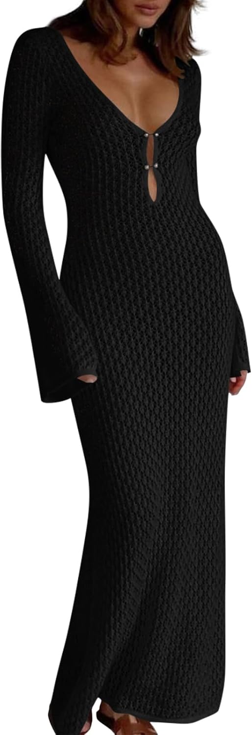 Saodimallsu Womens Crochet Maxi Cover Up Dress Beach Swim Vacation Coverups Long Sleeve Sexy Bodycon Summer Knit Dresses - Image 2