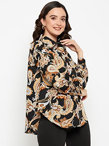 Image of Fashfun Women's Shirt (Floral Pink Crepe Top with Mandarin Collar & Full Sleeve)