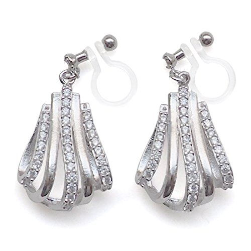 Cubic Zirconia Bridal Wedding Teardrop Pave Crystal CZ Invisible Clip On Dangle Earrings Silver tone