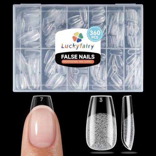 Image of Luckyfairy Short Coffin Nails Tips: Soft Gel Pre-Shaped Acrylic Nail Tips Coffin 360pcs Fake Nails Half Matte Full Cover Clear Press on False Acrylic Nails for Nail Extension Home DIY 12 Sizes