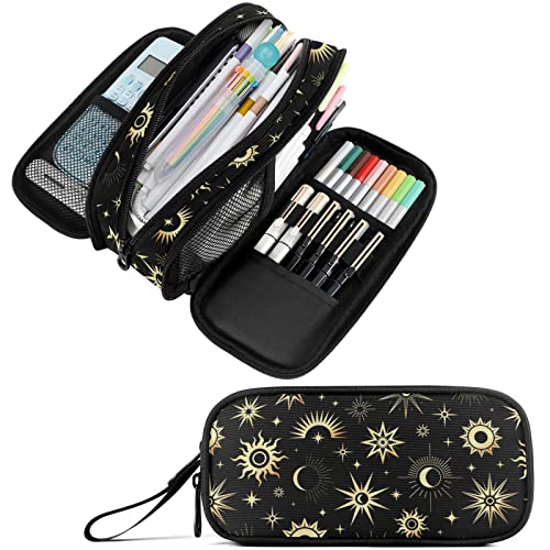 Image of Fustylead Gold Sun Moon and Stars Pencil Pen Case Stationery Bag, 3 Compartments School College Office Desk Organizer Storage Pouch Makeup Bag for Teen Boys Girls Students