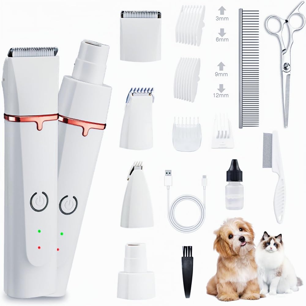 Petium 4-in-1 Dog Grooming Clippers Kit-Quiet Dog Nail Grinder & Paw Trimmer,USB-C Rechargeable Cordless Low Noise IPX4 Waterproof Pet Clippers for Small Dogs & Cats,6 Guide Combs