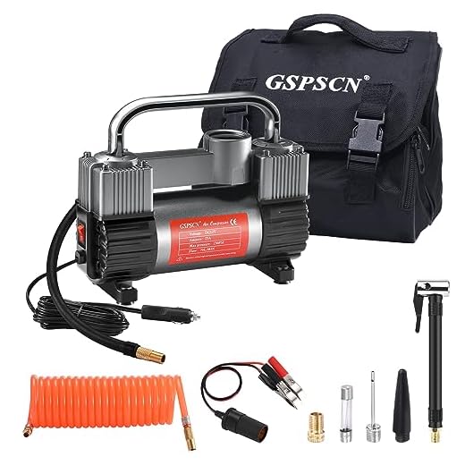 GSPSCN Tire Inflator Heavy Duty Double Cylinders, Portable Metal DC 12V Air Compressor, 150PSI Tire Pump with Adapter for Car, Truck, SUV Tires, Dinghy, Air Bed etc (Titanium)