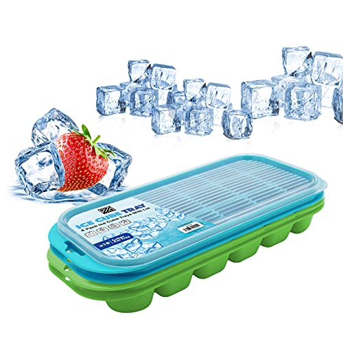 ZYBUX,Juego de 4 bandejas para cubitos de hielo con tapa, bandeja para cubitos de hielo, tapas apilables que no se derraman, 25.5 cm de largo, 11.5 cm de ancho y 3 cm de profundidad Cover