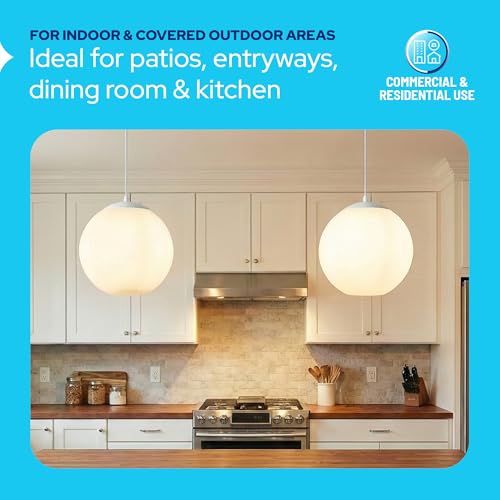 Image of KASTLITE 12 inch Acrylic Globe Pendant Light Fixture, 8W 3000K Filament LED Bulb, Ceiling Mount - Kitchen Pendant Lighting Over Island, Hanging Dining Light, Living Room Lamp - White Shade, White Base
