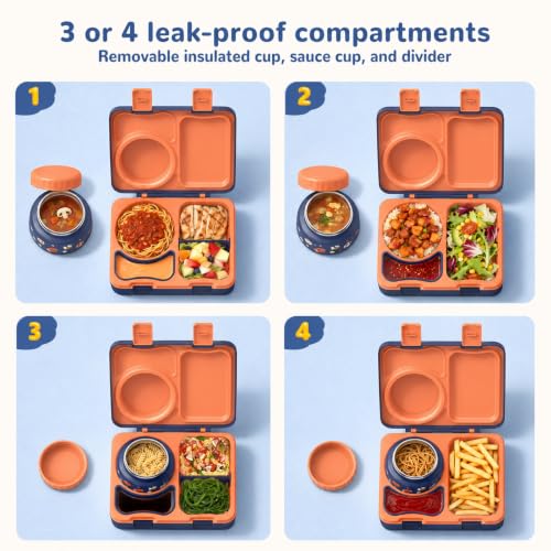 Image of Bento Box for Kids, Leakproof Kids Lunch Box with 8.5OZ Thermo Food Jar & Lunch Bag, 3-4 Compartments Toddler Insulated Lunch Box for Boys, BPA Free Lunch Containers for School Daycare