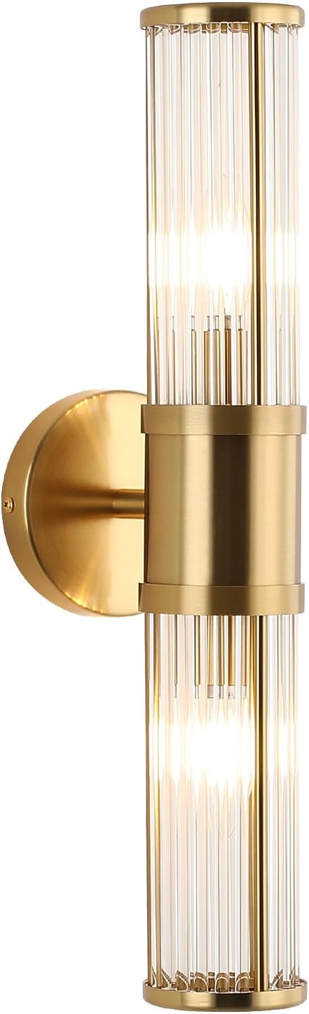 Modern Brushed Brass Vanity Light Fixture - Dual Glass Rods Wall Sconce for Bathroom, Double Light Socket E12 Candelabra Base, Mirror Vanity Lighting (Bulbs Not Included)