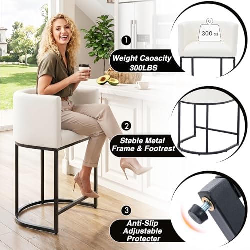 Image of HNY White Modern Barrel Counter Height Clearance Bar Stools Set of 2, 24 Inch PU Leather Kitchen Barstools with Back for Island, with Black Metal Tubular Frame