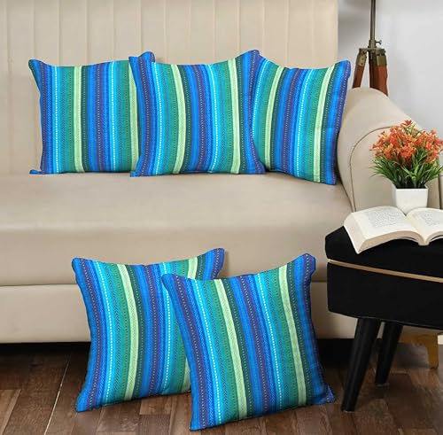 Amazon Brand - Umi Cotton Salsa Stripe Cushion Cover Set of 5 16x16 inch Blue/Teal Multicolour Large Square Throw Pillow Covers for Sofa Bed Room Living Room or Home Decor