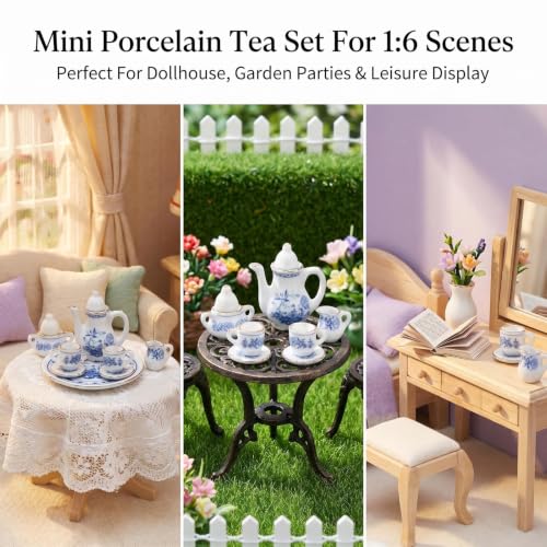 Image of Miniature Tea Set 1 /6 Scale Dollhouse Accessories Porcelain Blue Flower