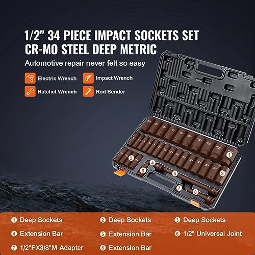 Image of VEVOR 1 /2 inch Drive Impact Socket Set, 34 Piece Socket Set Metric 8-36mm, 6 Point Cr-MO Alloy Steel for Auto Repair, Easy-to-Read Size Markings, Rugged Construction, Includes Storage Case