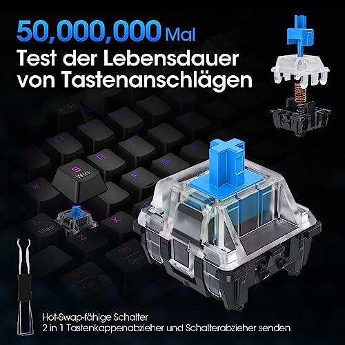 Tastiera da gioco, tastiera meccanica tedesca QWERTZ 104 tasti 26 RGB retroilluminato cablato per Windows MacOS Linux Interruttore blu - Tastiera gaming - Immagine 4