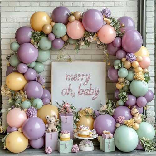 Image of Dusty Green Pink Purple Yellow Balloon arch kit,Double Stuffed Haze Purple Mauve Pink Ivory Sage Green Lilac Light Yellow Balloons Garland for Brithday Wedding Wild Flower Princess Party Decorations
