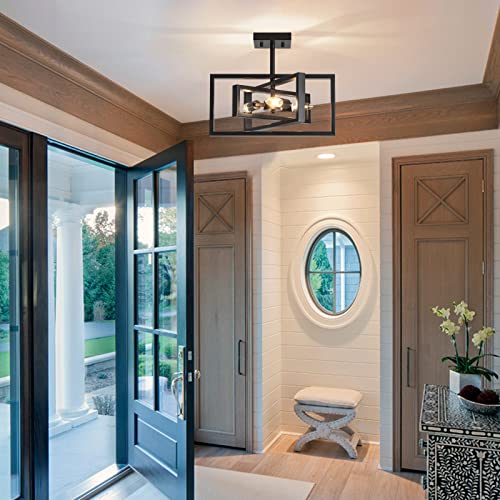 3-Lights Black Industrial Ceiling Light, Rustic Vintage Farmhouse Chandelier Lighting Semi Flush Mount Rectangle Metal Pendant Light for Kitchen Island Bedroom Hallway entryway - Image 6