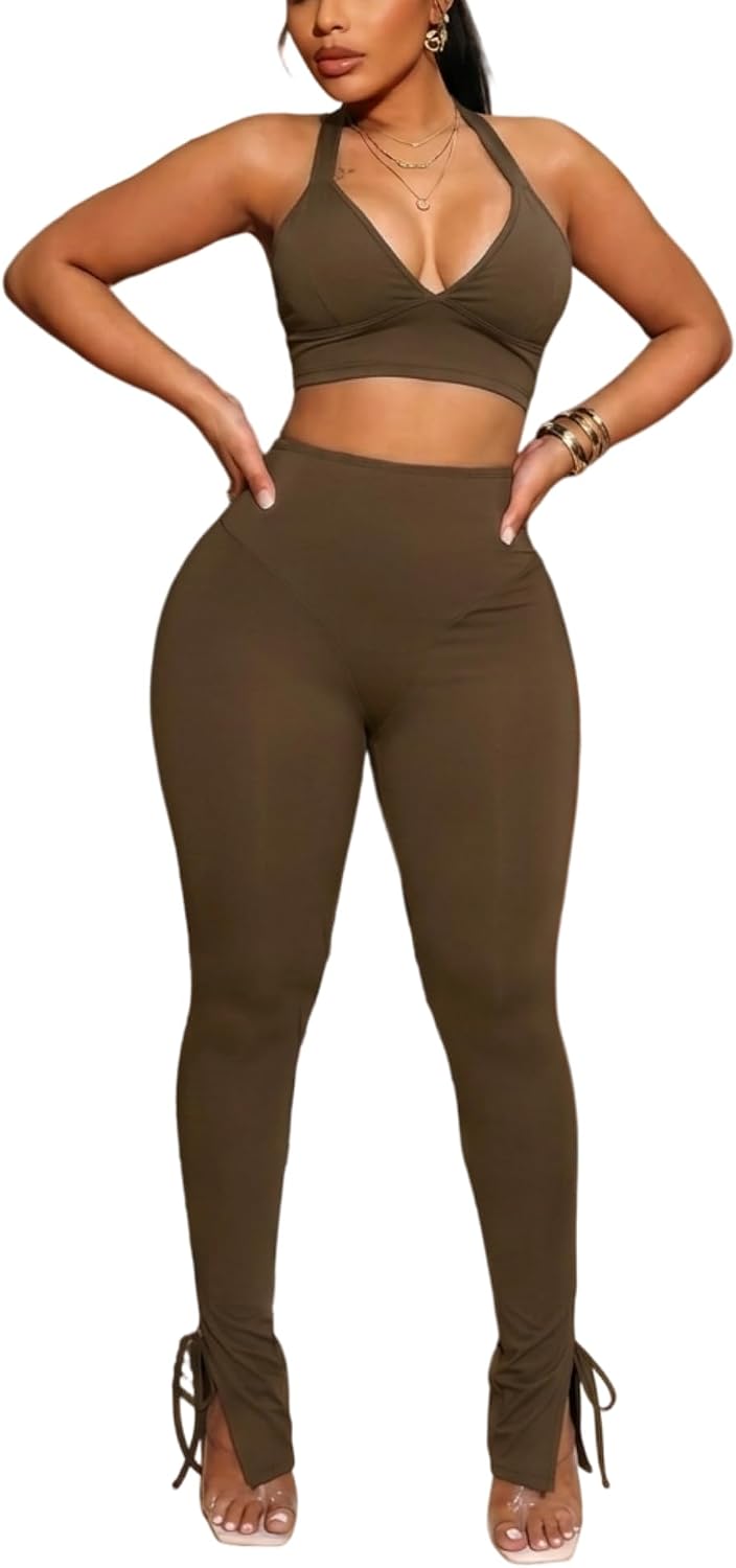 Women's 2 Piece Sexy Outfits Backless Halter Crop Top and Bodycon Pants Set