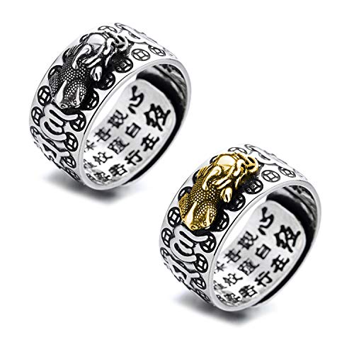 ZEINZE 2Pcs Adjustable Feng Shui Pi Xiu Ring, Attract Fortune Luck Gambling Wealth Protection Buddhist Mantra Charm Amulet Talisman, Party Birthday for Men Women