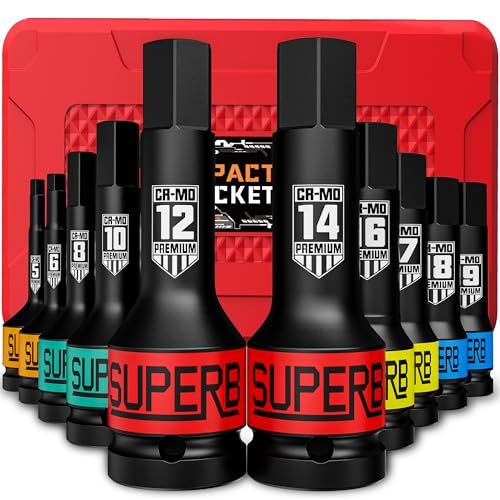 KIRXST Jeu de Douilles Longues À Chocs Hexagonal 1/2'', 10 Douilles 5mm-19mm Jeu de Douille Allen...