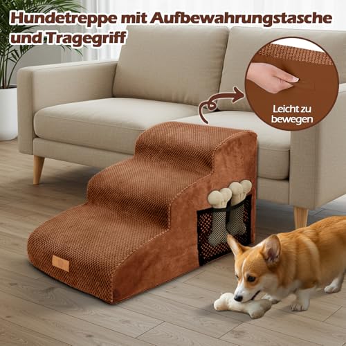 Eukue Hundetreppe 3 Stufen, Hundetreppen für Kleine Hunde und Katzen, Tragbare Hunderampe für Bett und Sofa, Hochdichtem Schaum Haustiertreppe mit Bezug und Tasche, Braun
