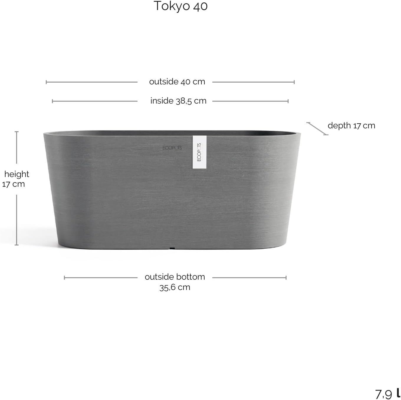 Ecopots Sofia Durable Modern Oval Indoor/Outdoor Recycled-Based Composite Flower Pot Planter w/Water Reservoir, Grey, 16"