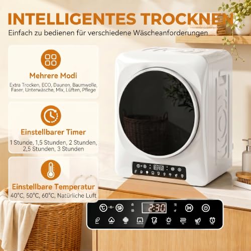 HOMCOM Wäschetrockner 5 kg Mini Ablufttrockner 9 Programmen 1000W Weiß – Ansicht 3