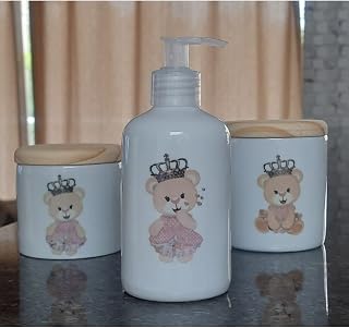 Kit Higiene Bebê 3 peças - Princesa Ursinha Rosa - Peças Porcelana Tampa Pinus