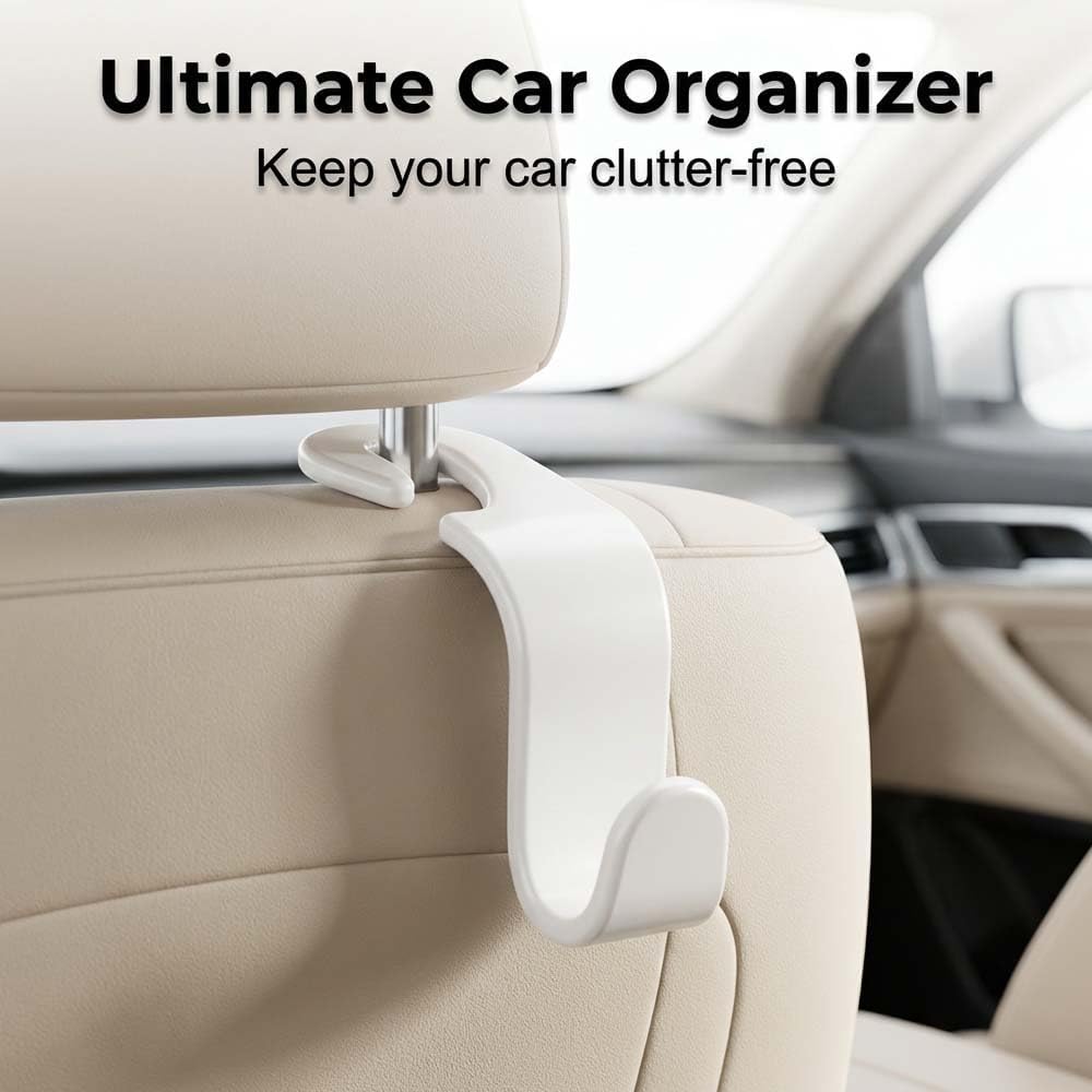4 Pack Car Headrest Hooks, Purse Hook for Car with 360° Rotation, Car Seat Hooks for Purses and Bags, Heavy Duty S Type Car Bag Hooks for Handbag Coat, Fit Most Vehicles (White)