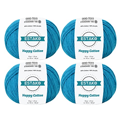Estako Happy Cotton 60% Cotton Blend Yarn, Sport 2, Dark Turquoise, 4-Pack