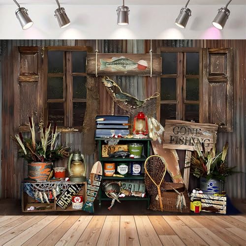 Rustic Wood Gone Fishing Photography Backdrop Fisherman Fishing Gear Background
