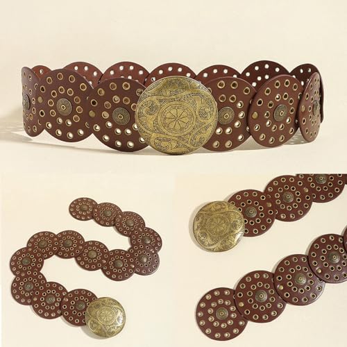 Women Hollow Disc Belt Wide Boho Concho Leather Belt Western Cowboy Belt Metal Vintage Belt Y2k Aesthetic Belts3