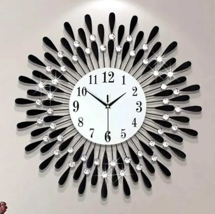 Heaven4you Large Diamond Jeweled Wall Clock Crystal Modern 3D Sunburst for Living Room Kitchen Office 60cm/23.6inch (Black)