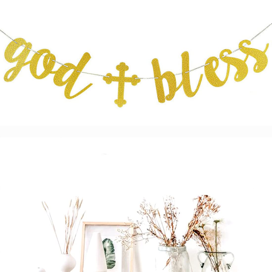 Morndew Brokatowy złoty Bóg błogosławiony baner na chrzest przyjęcie przyjęcie urodzinowe baby shower ślub przyjęcie chorągiewka dekoracja